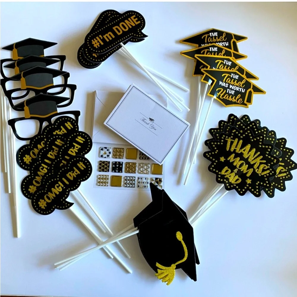 Graduation Cupcake Cake Toppers Decorations Thank You Notes Black Gold NWT OS